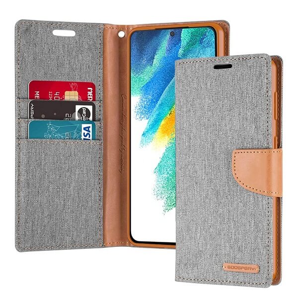 Goospery Canvas Grey Samsung Galaxy S21 FE Wallet Case Cover Goospery Canvas Grey Samsung Galaxy S21 FE Wallet Case Cover